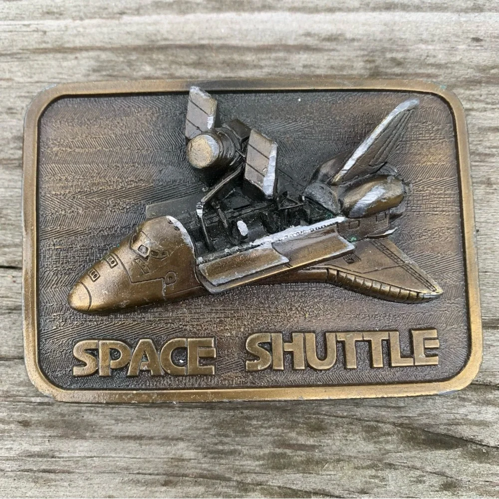 Vintage 1980 brass Space Shuttle NASA belt buckle